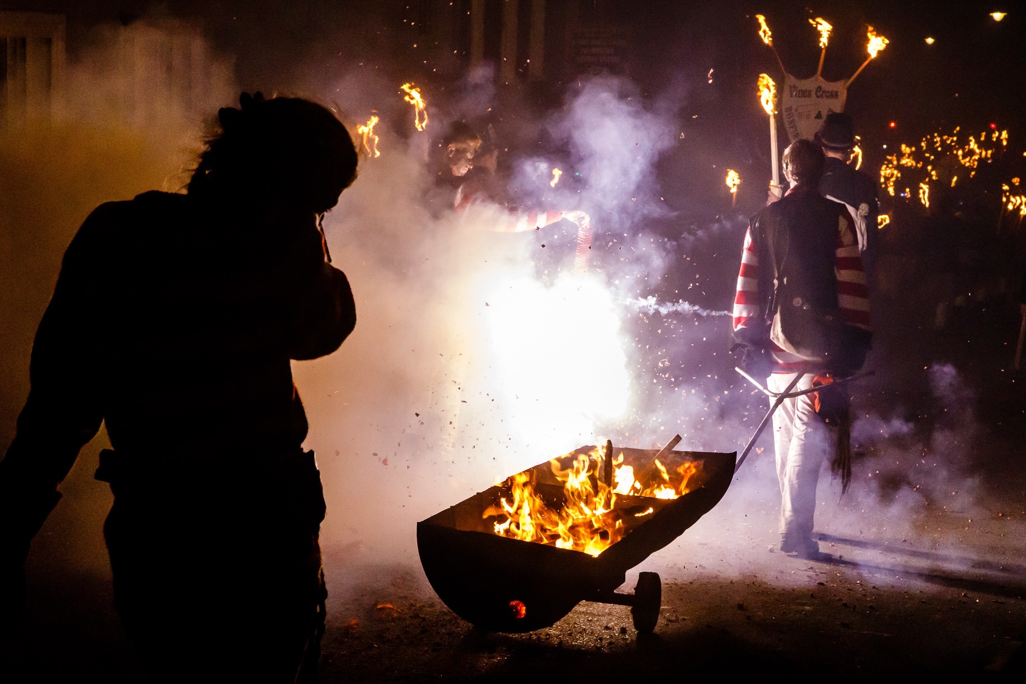 #Lewes #Bonfire celebrations, smuggler using a bandana to project from the smoke of firecrackers