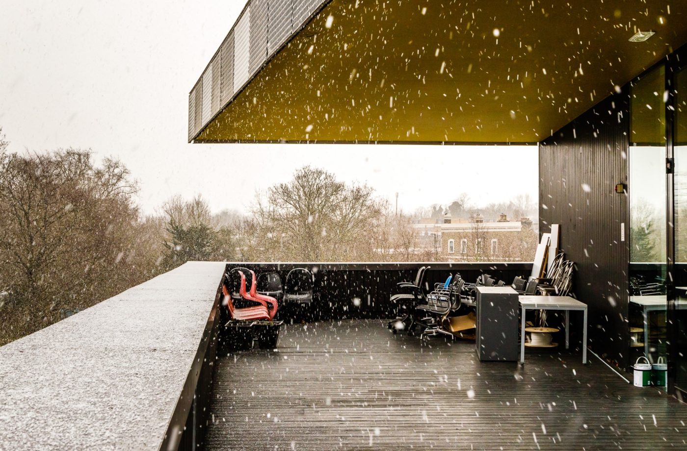 Snow swirls around the Stephen Lawrence Trust Centre