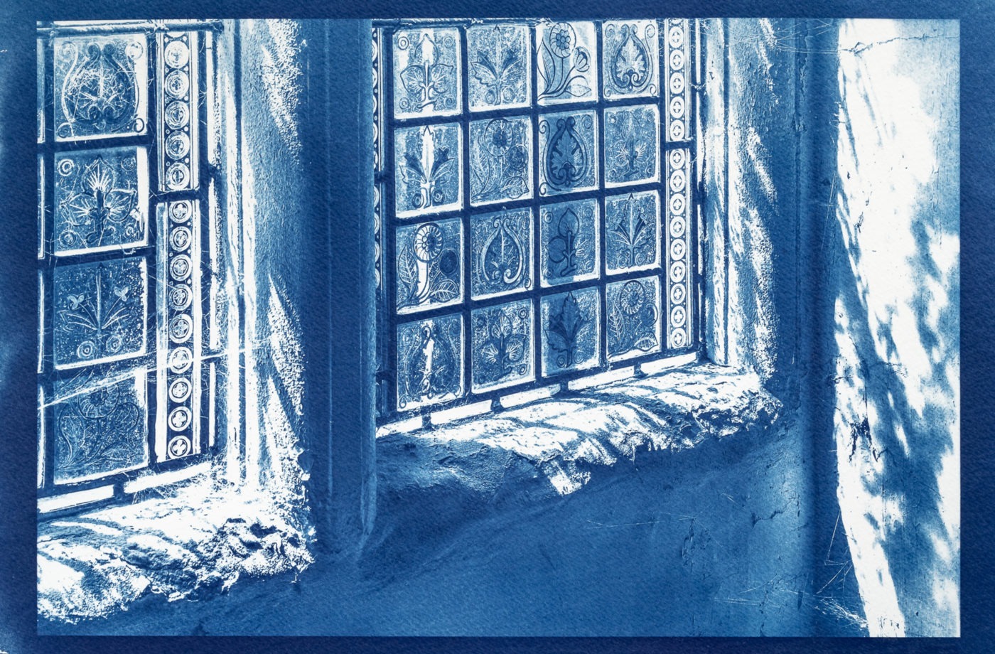 hand-printed cyanotype of Tudor window at Southover Grange, Lewes