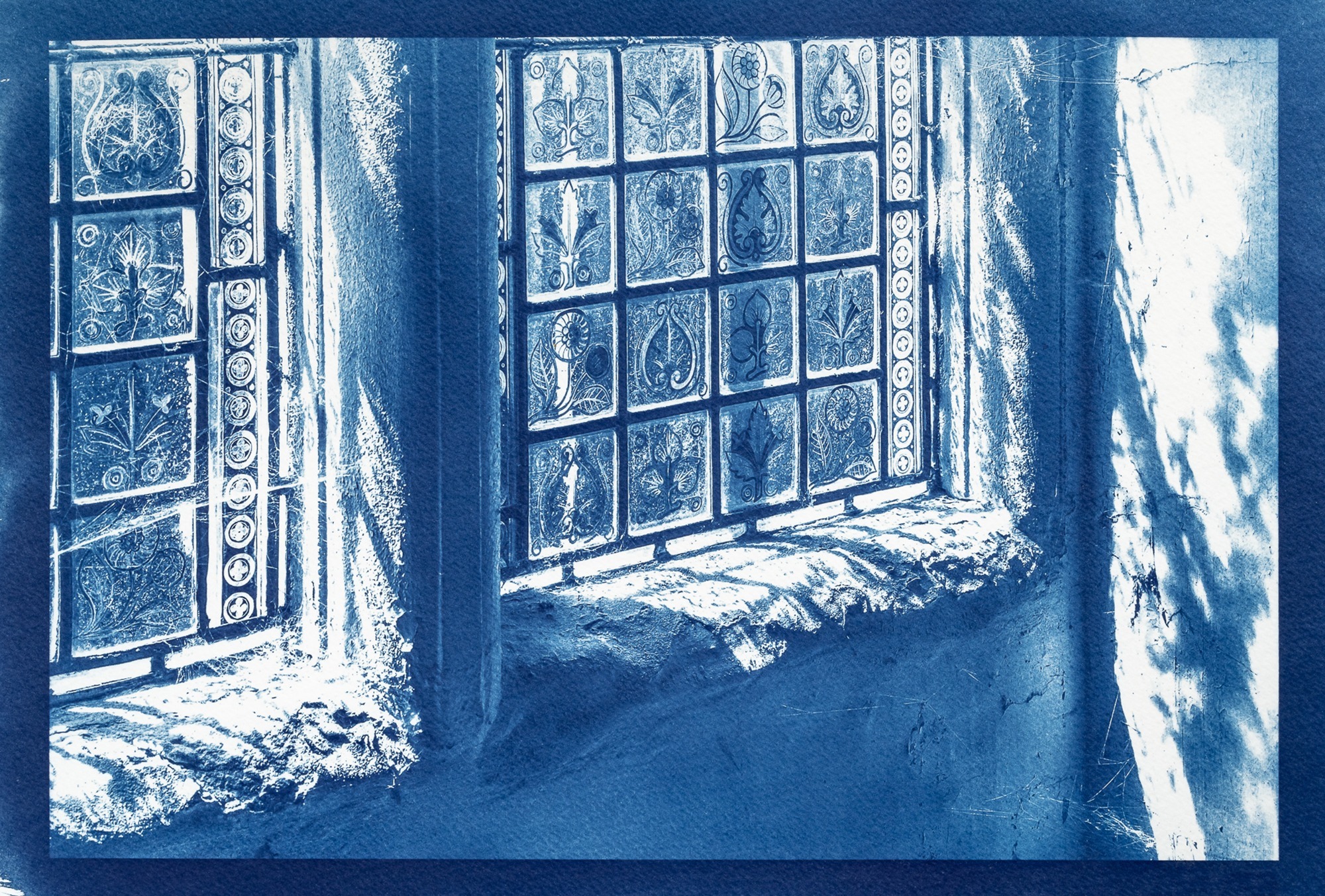 hand-printed cyanotype of Tudor window at Southover Grange, Lewes